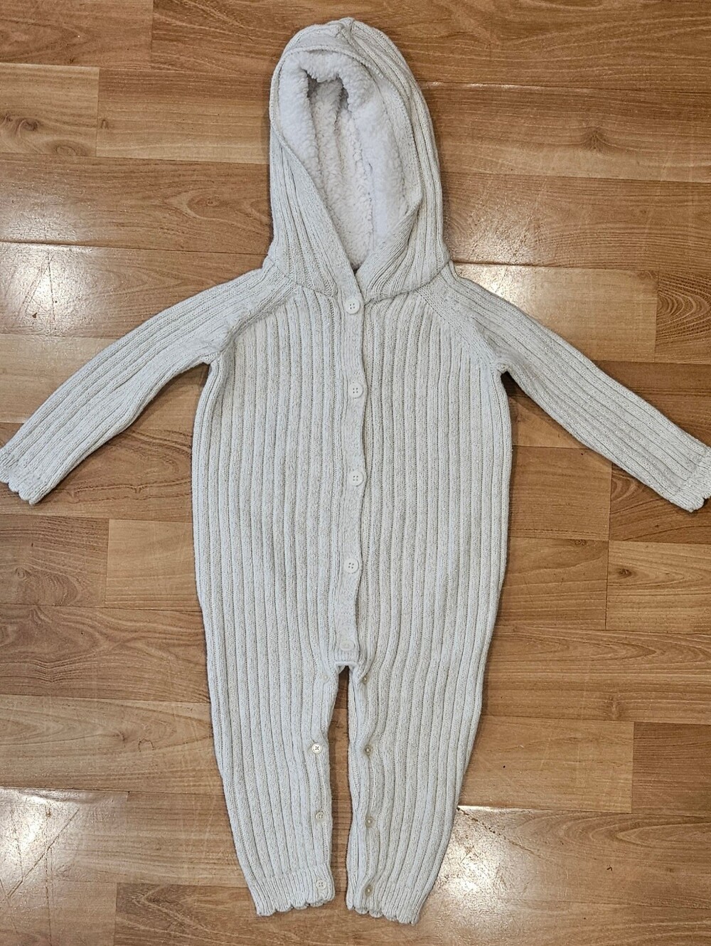 Hooded Rib-Knit Baby Footie One-Piece in Light Cream